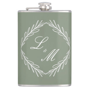 Monogramm Schrift Zweig Sagegrüne Hochzeit Flachmann