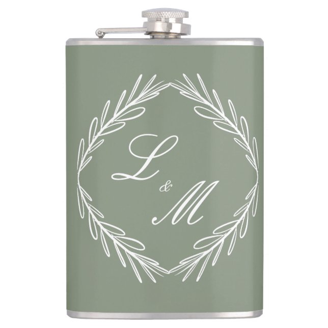 Monogramm Schrift Zweig Sagegrüne Hochzeit Flachmann (Vorderseite)