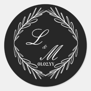 Monogramm Schrift Zweig Schwarz Weiß Hochzeit Runder Aufkleber