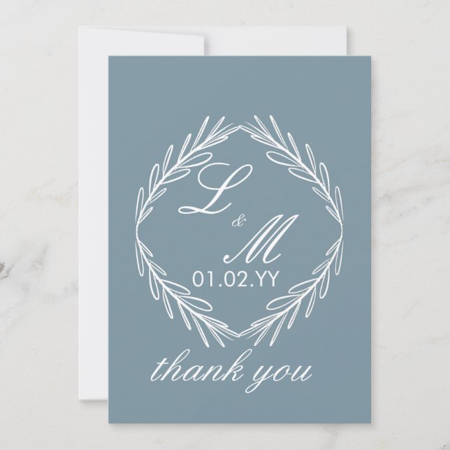 Monogramm-Schrift-Zweig Staubblau Hochzeit Danke Einladung (Vorderseite)
