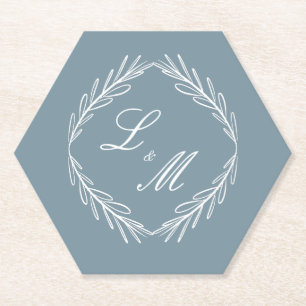 Monogramm-Schriftzweig Dusty Blue Hochzeit Untersetzer