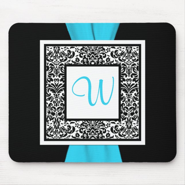 Monogramm Schwarz, Blau, Weiße Damassousepad Mousepad (Vorne)