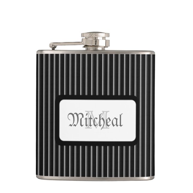 Monogramm-Schwarz-gestreifte Flasche Flachmann (Vorderseite)