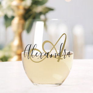 Monogramm Schwarz Gold Elegante Schrift Name Weinglas Ohne Stiel