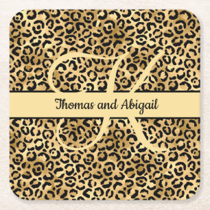 Monogramm Schwarz Gold Leopard Print Gepard Tier Rechteckiger Pappuntersetzer