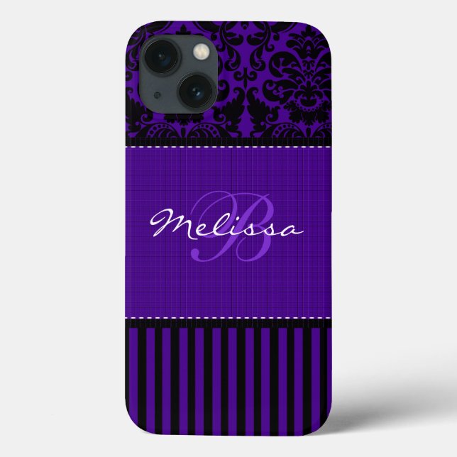 Monogramm Schwarz, Lila Damask Strip-iPad Air Hüll Case-Mate iPhone Hülle (Rückseite)