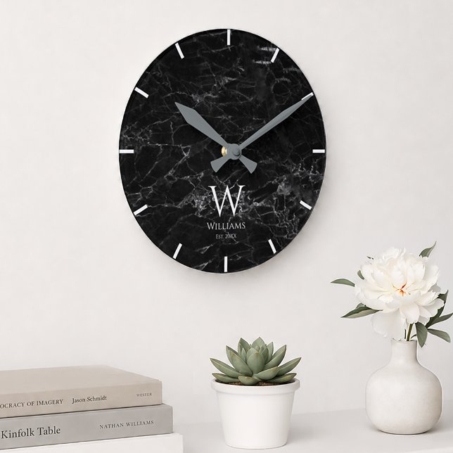 Monogramm Schwarz Marmor Weiß Anfangsbuchstabe & B Runde Wanduhr (Von Creator hochgeladen)