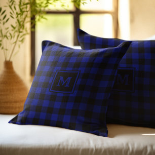 Monogramm Schwarz und Blau Buffalo Karo Kissen