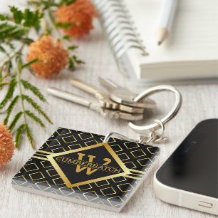 Monogramm Schwarz und falsches Gold geometrisches Schlüsselanhänger