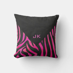 Monogramm Schwarz und Heißrosa Zebrastreifen Desig Kissen