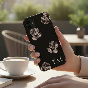 Monogramm Schwarz und Rosa Floral Case-Mate iPhone Hülle