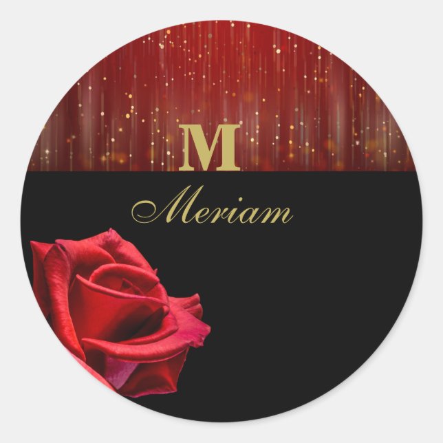 Monogramm Schwarz und Rote Rose Rundkleber Runder Aufkleber (Vorderseite)