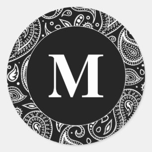 Monogramm Schwarz-Weiß-Blumen-Paisley-Muster Runder Aufkleber