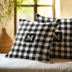 Monogramm Schwarz-Weiß Büffel-Kariert Kissen