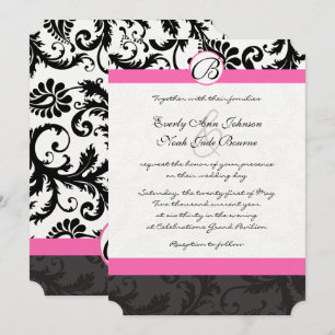Monogramm Schwarz-Weiß-Damask mit rosa Besatz Einladung