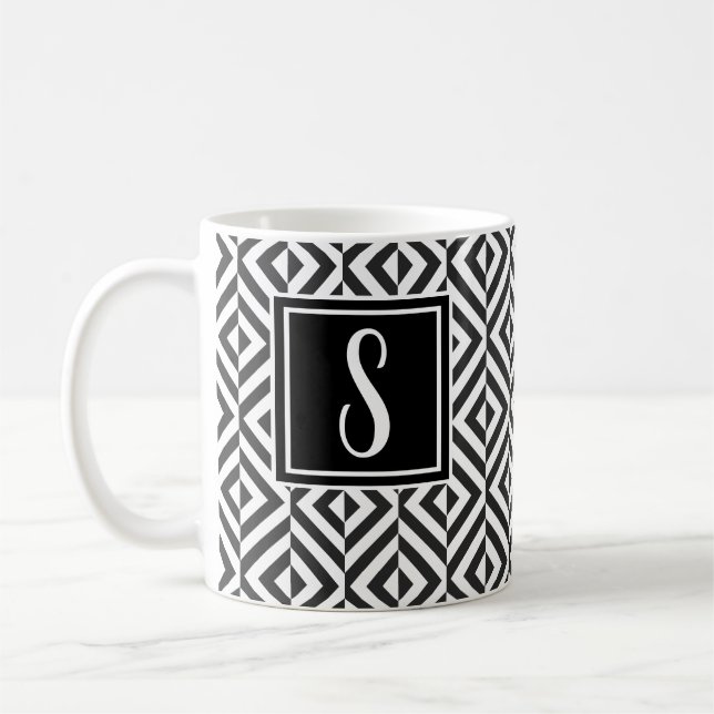 Monogramm Schwarz-Weiß-Diamantmuster Kaffeetasse (Links)