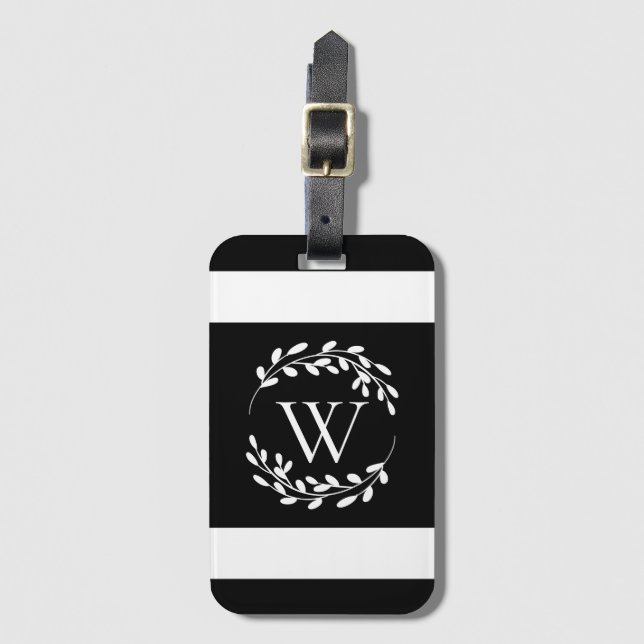 Monogramm Schwarz-Weiß-Floral Gepäckanhänger (Vorderseite Vertikal)