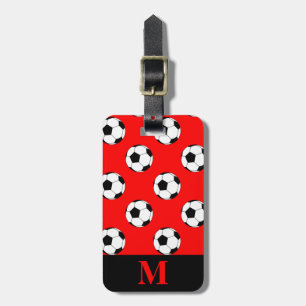 Monogramm Schwarz/Weiß Fußball-Bälle auf Rot Gepäckanhänger