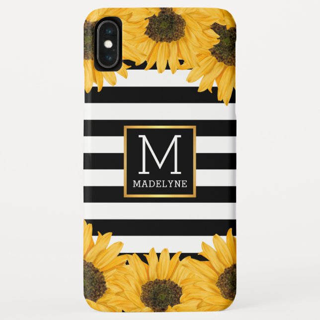 Monogramm Schwarz-weiß gestreifte Sonnenblume Gold Case-Mate iPhone Hülle (Rückseite)