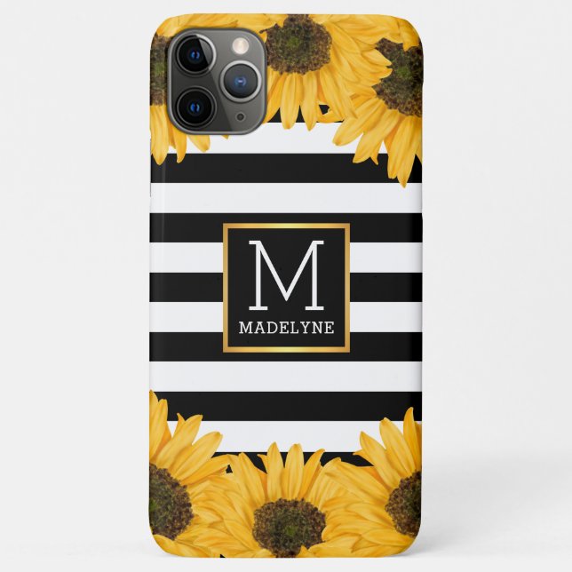 Monogramm Schwarz-weiß gestreifte Sonnenblume Gold Case-Mate iPhone Hülle (Rückseite)