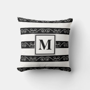 Monogramm Schwarz-weiß gestreiftes Design Kissen
