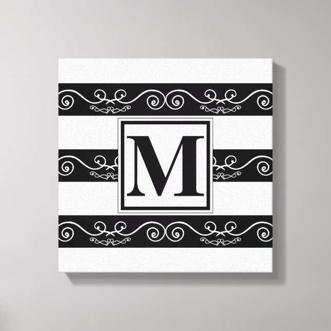 Monogramm Schwarz-weiß gestreiftes Design Leinwanddruck (Vorderseite)
