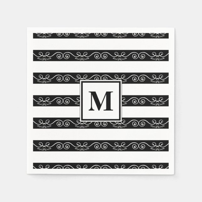 Monogramm Schwarz-weiß gestreiftes Design Serviette (Vorderseite)