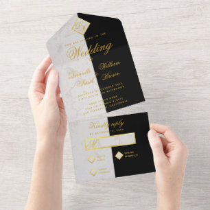 Monogramm Schwarz Weiß Marmor Falsches Goldfolie H All In One Einladung