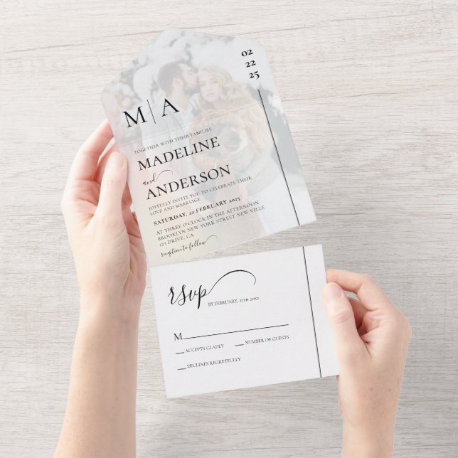 Monogramm Schwarz-weiß mit Overlay-Foto-Hochzeit All In One Einladung (Abreißen)