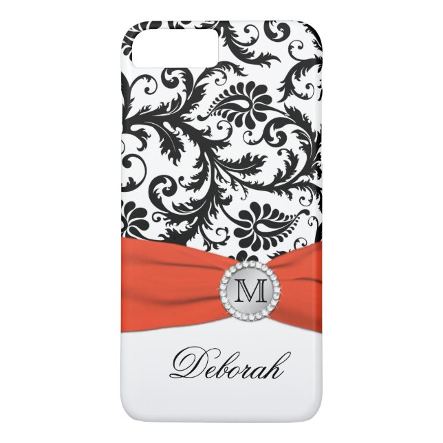 Monogramm Schwarz, Weiß, Orange Damask iPhone 7 Fa Case-Mate iPhone Hülle (Rückseite)