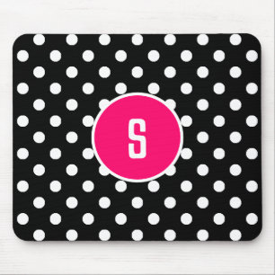 Monogramm Schwarz-weiß Polka Dot Muster Hot Pink Mousepad