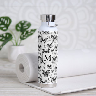 Monogramm Schwarz-Weiß-Schmetterlingsmuster Trinkflasche