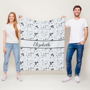 Monogramm Schwarz Weiß Silber Grau Florale Blätter Fleecedecke