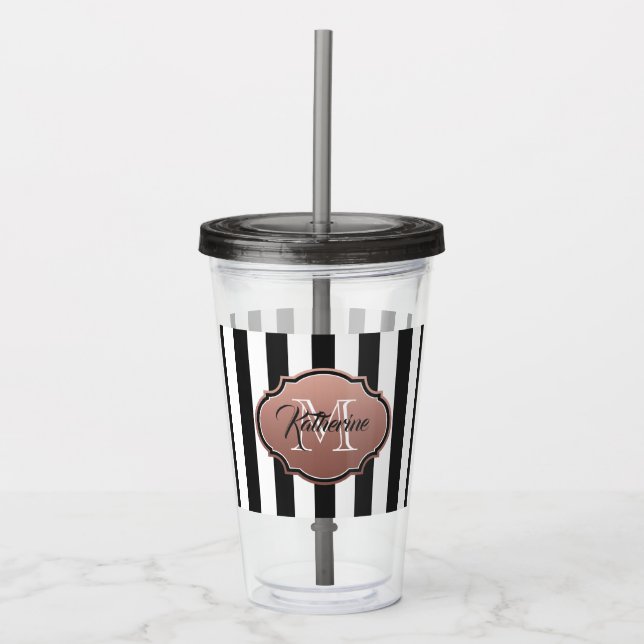 Monogramm Schwarz-Weiß-Streifen Acryltrinkbecher (Vorderseite)