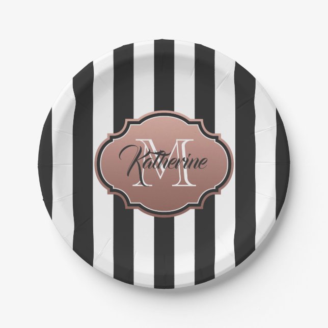Monogramm Schwarz-Weiß-Streifen Pappteller (Vorderseite)