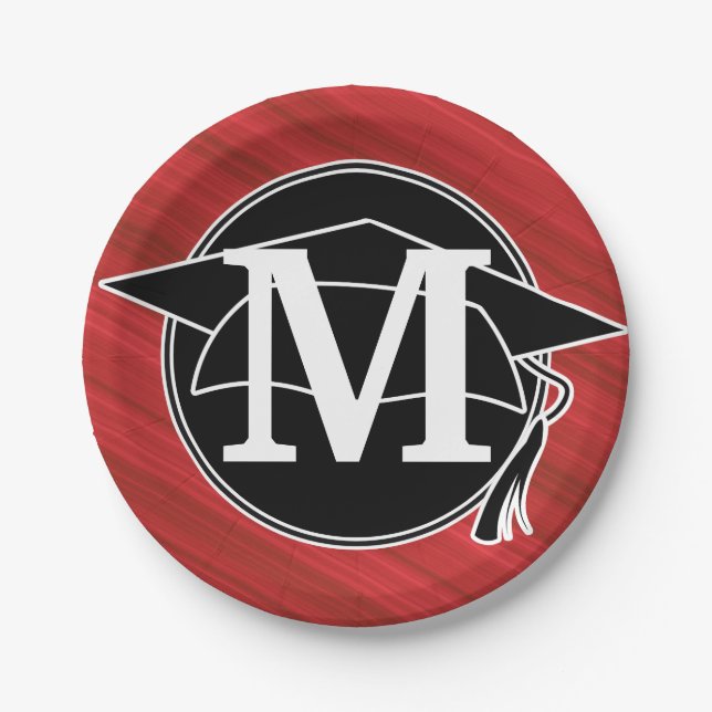 Monogramm Schwarz-weiße Graduierungskappe Pappteller (Vorderseite)