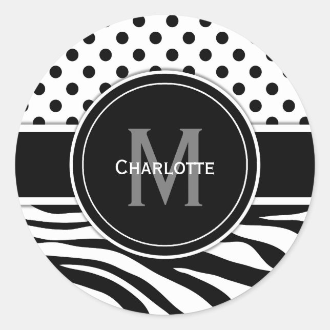 Monogramm Schwarz-weiße Polka-Dosen und Zebra-Stre Runder Aufkleber (Vorderseite)