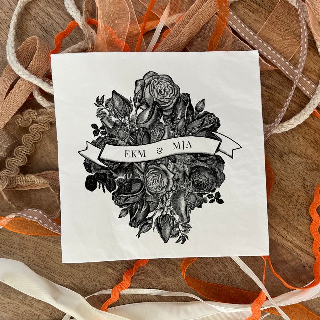 Monogramm Schwarz-weiße Rose Bouquet Wedding Serviette (Von Creator hochgeladen)