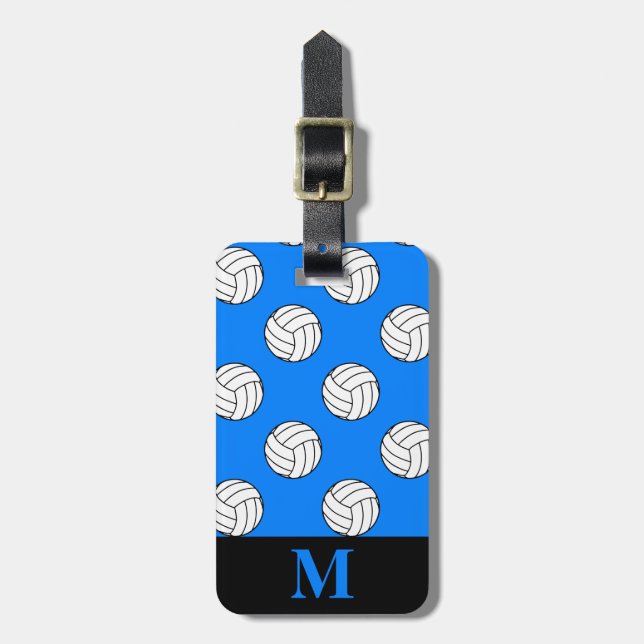 Monogramm Schwarz-weiße Volleyball Balls, Azure Bl Gepäckanhänger (Vorderseite vertikal)