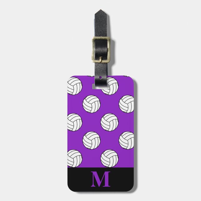 Monogramm Schwarz-weiße Volleyballbälle, Lila Gepäckanhänger (Vorderseite vertikal)