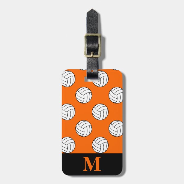 Monogramm Schwarz-weiße Volleyballbälle, Orange Gepäckanhänger (Vorderseite vertikal)