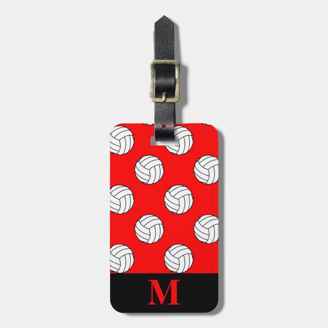 Monogramm Schwarz-weiße Volleyballbälle, rot Gepäckanhänger (Vorderseite vertikal)
