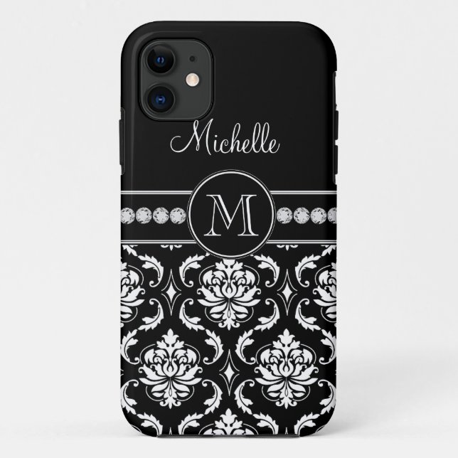 Monogramm-Schwarz-weißer Damast iPhone 5 Case-Mate iPhone Hülle (Rückseite)