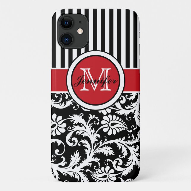 Monogramm Schwarz-weißer Streifen Damaskus Case-Mate iPhone Hülle (Rückseite)