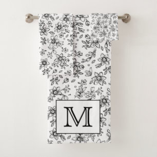 Monogramm Schwarz-weißes Blumenmuster Badhandtuch Set