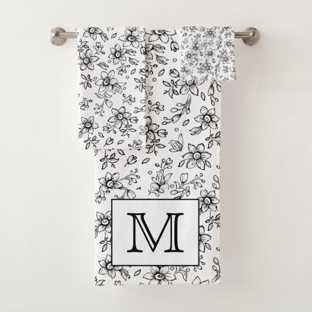Monogramm Schwarz-weißes Blumenmuster Badhandtuch Set (Insitu)