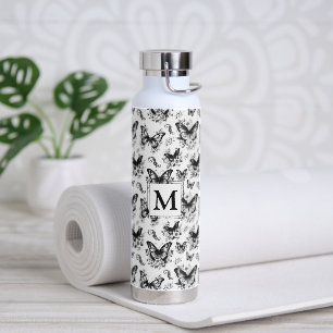 Monogramm Schwarz-weißes Schmetterlingsmuster Trinkflasche