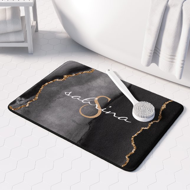 Monogramm Schwarze Gold Achat Geode Badematte (Von Creator hochgeladen)