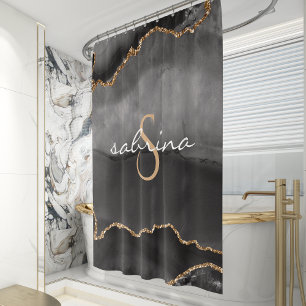 Monogramm Schwarze Gold Achat Geode Duschvorhang