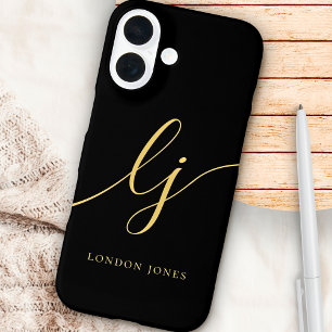 Monogramm Schwarze Gold-Kalligrafie-Initialen iPhone 16 Hülle